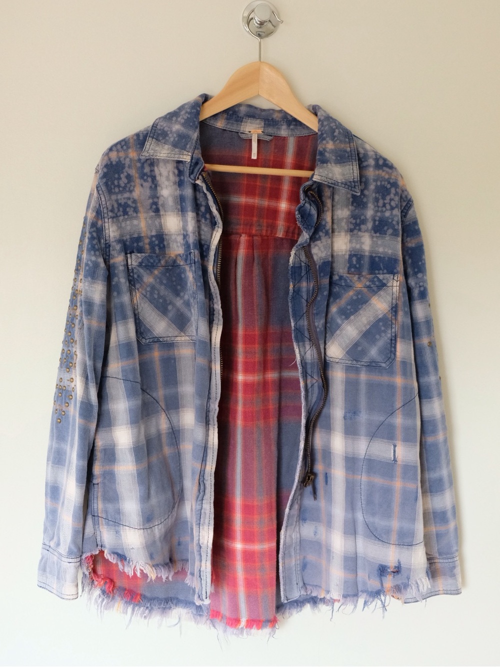 Free People Blue Plaid Utility Deconstructed Jacket with Stud Detail Size XS